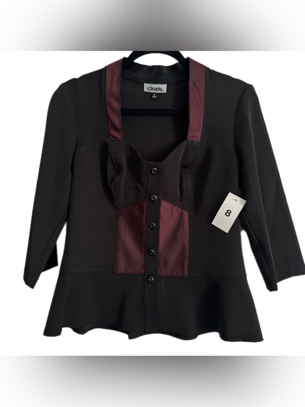 🔥CINTAS Black & Burgundy Button Front Peplum Career Blazer 🖤 Size 8